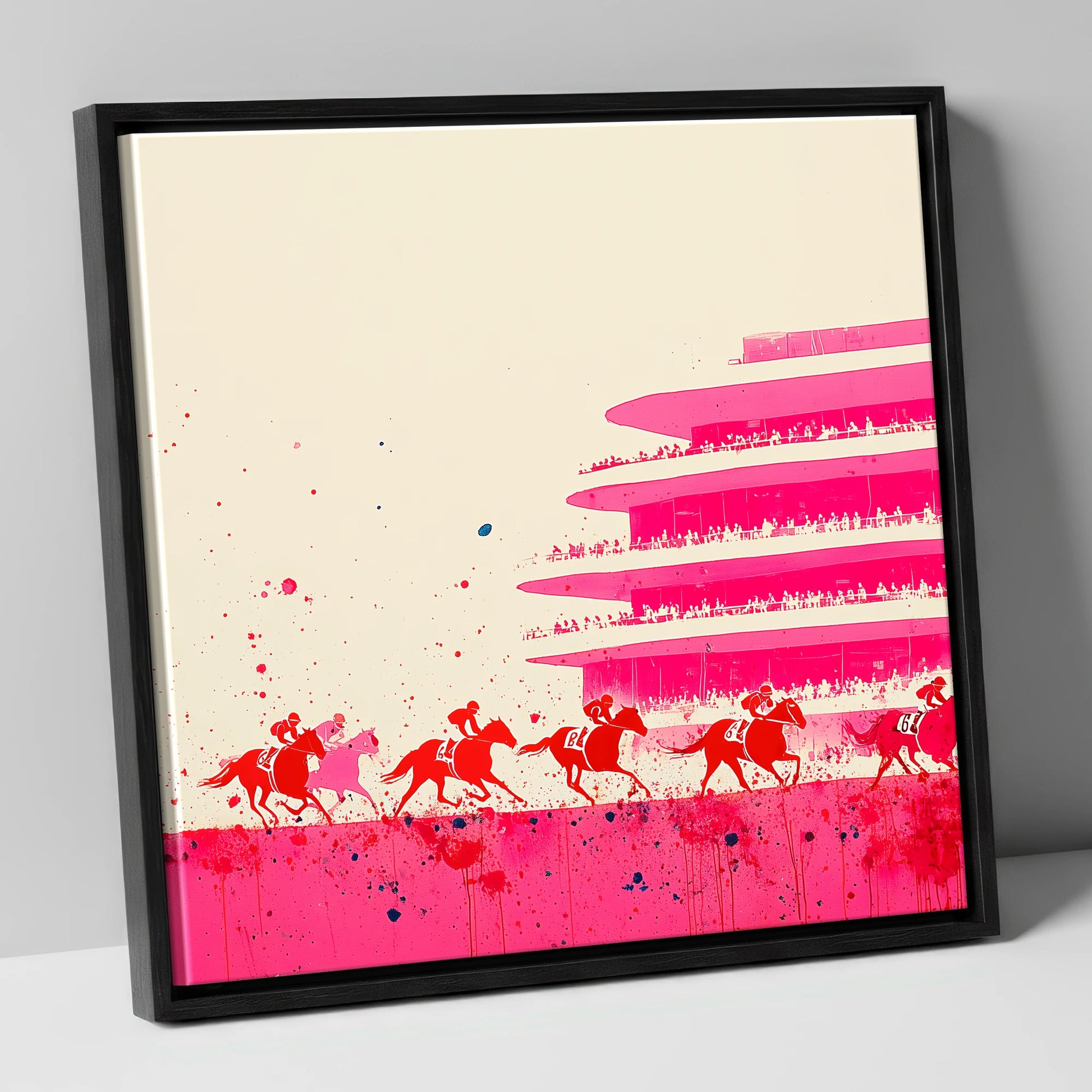 Magenta Grandstand Sprint racing horse canvas wall art in black frame