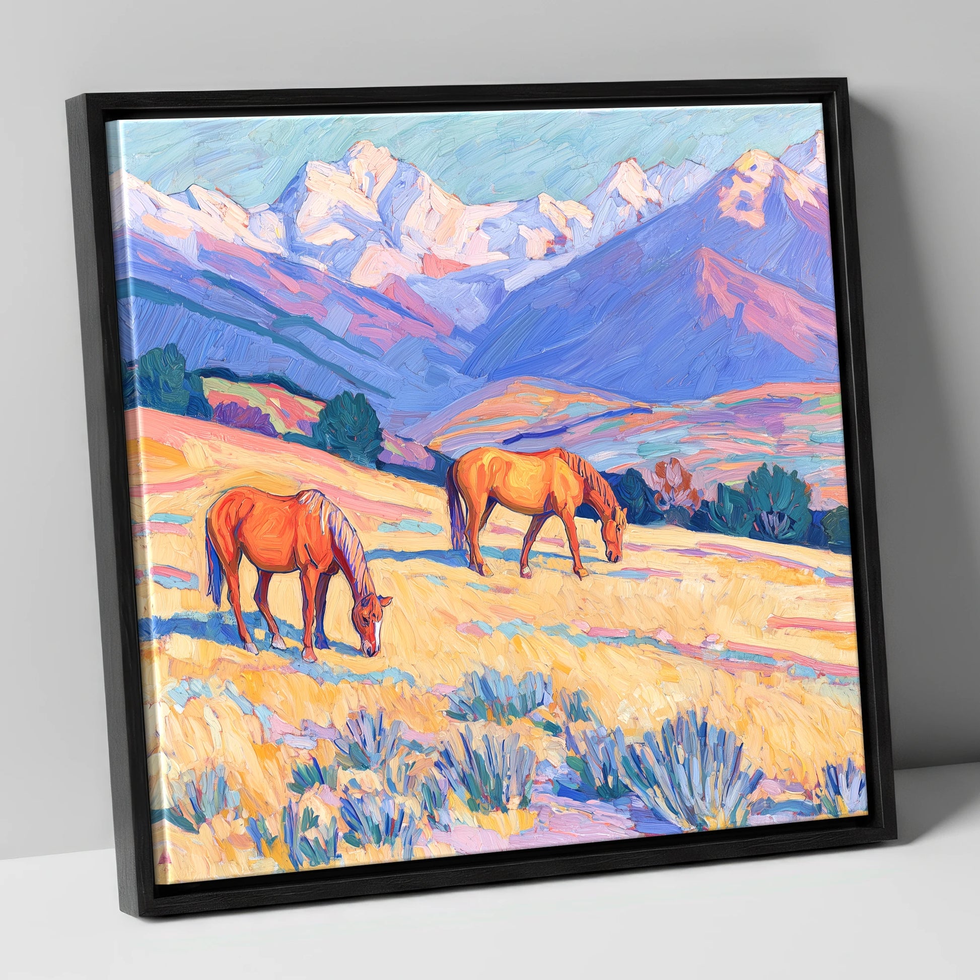 Grazing Beneath Violet Peaks horse landscape canvas wall art in black frame