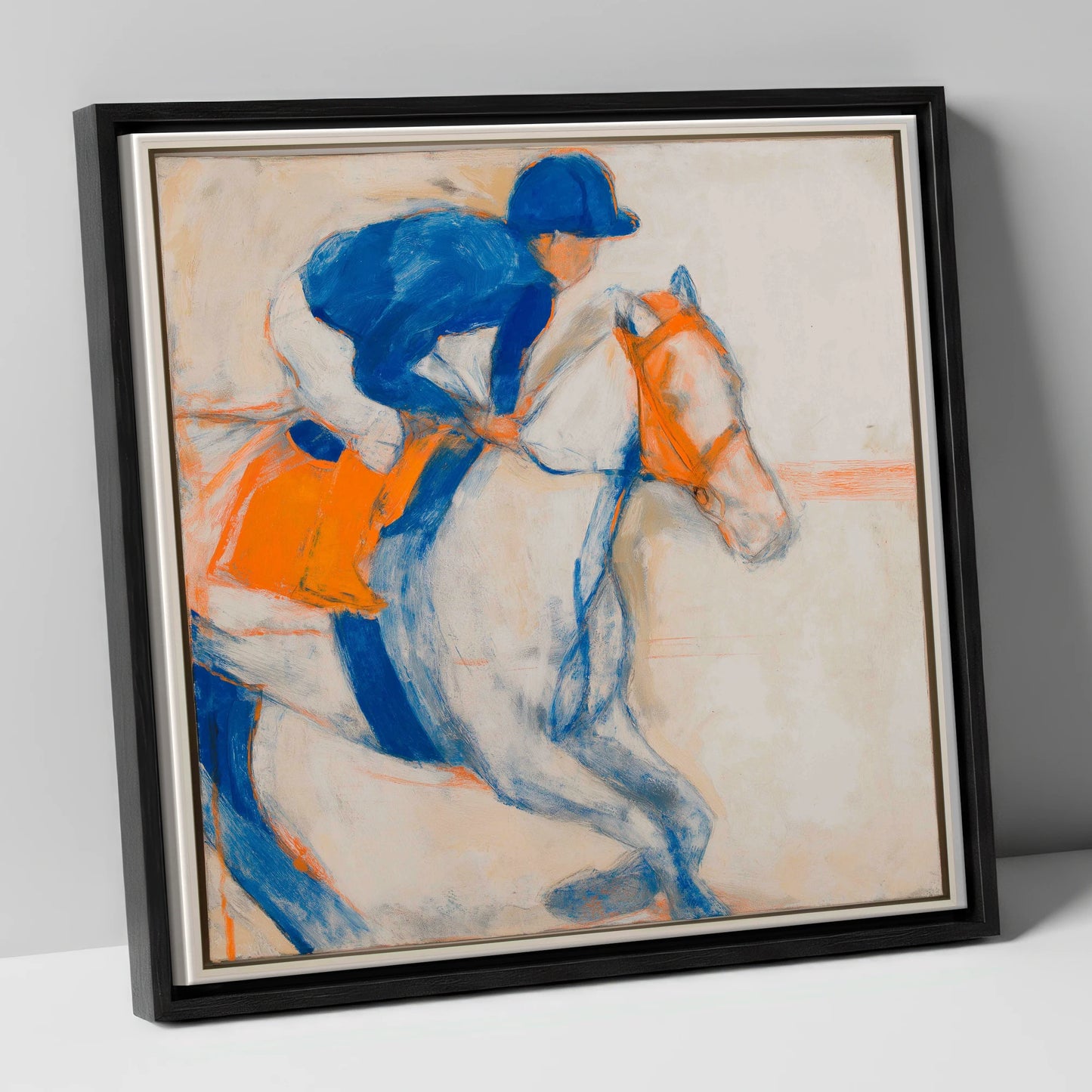 Bold Ultramarine Gallop racing horse canvas wall art in black frame