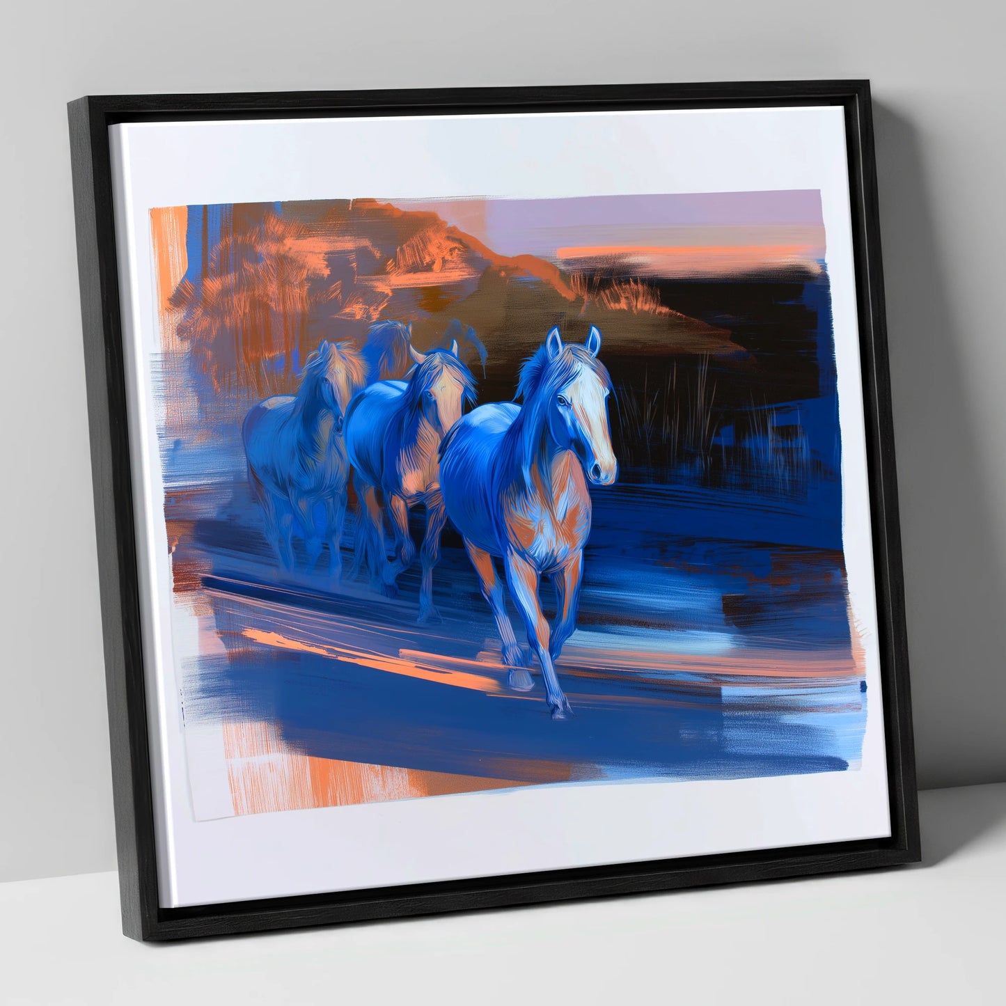 Cobalt Dawn Herd wild horses canvas wall art in black frame