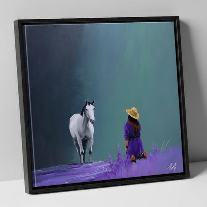 Silent Communion horse & rider canvas wall art in black frame