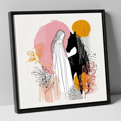 Abstract Equine Harmony horse & rider canvas wall art in black frame