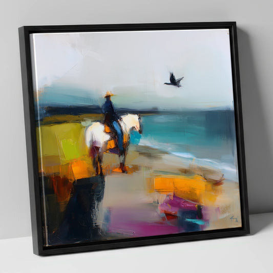 Vibrant Shoreline Hack beach horse canvas wall art in black frame