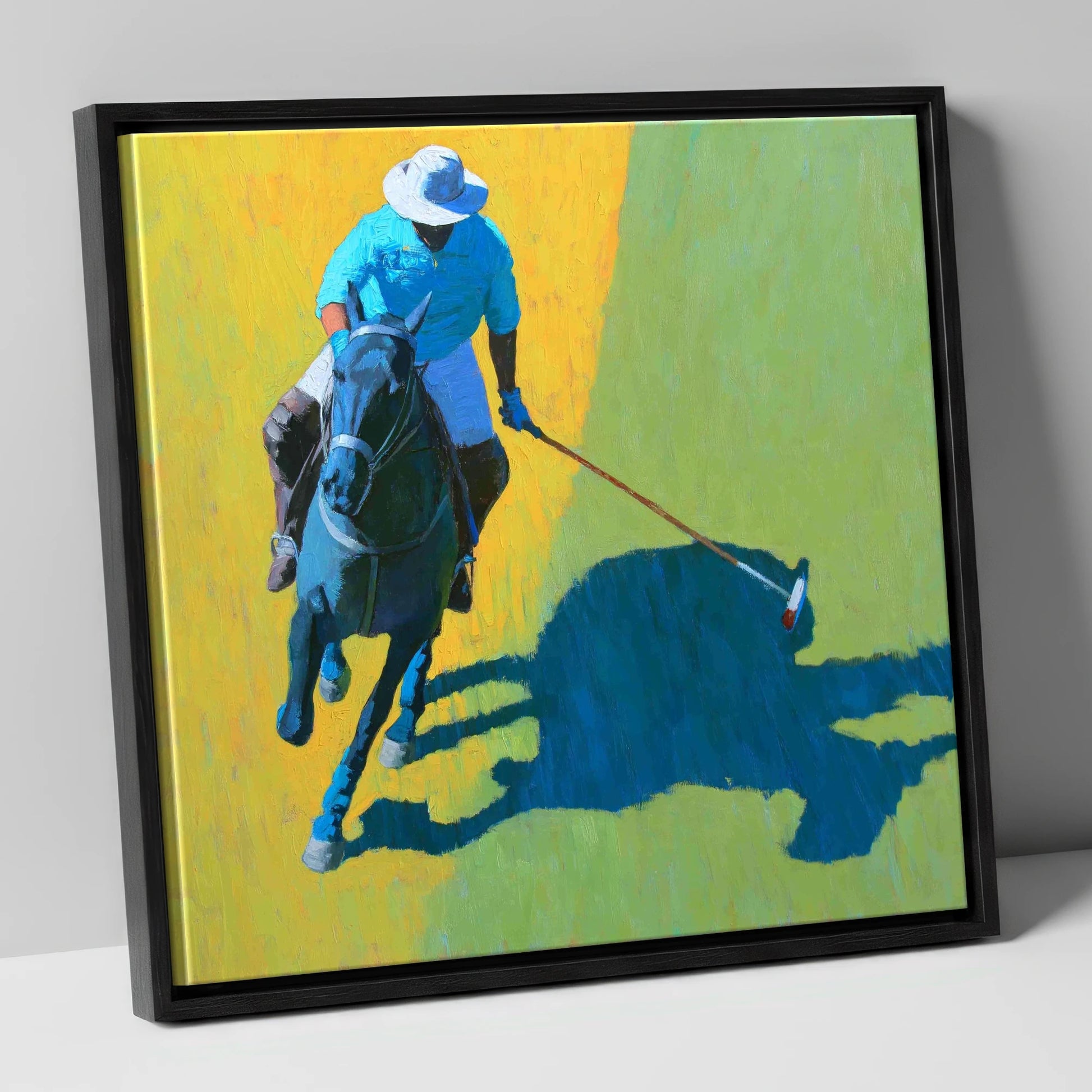 High Goal Sunlight polo horse canvas wall art in black frame