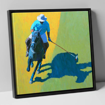 High Goal Sunlight polo horse canvas wall art in black frame