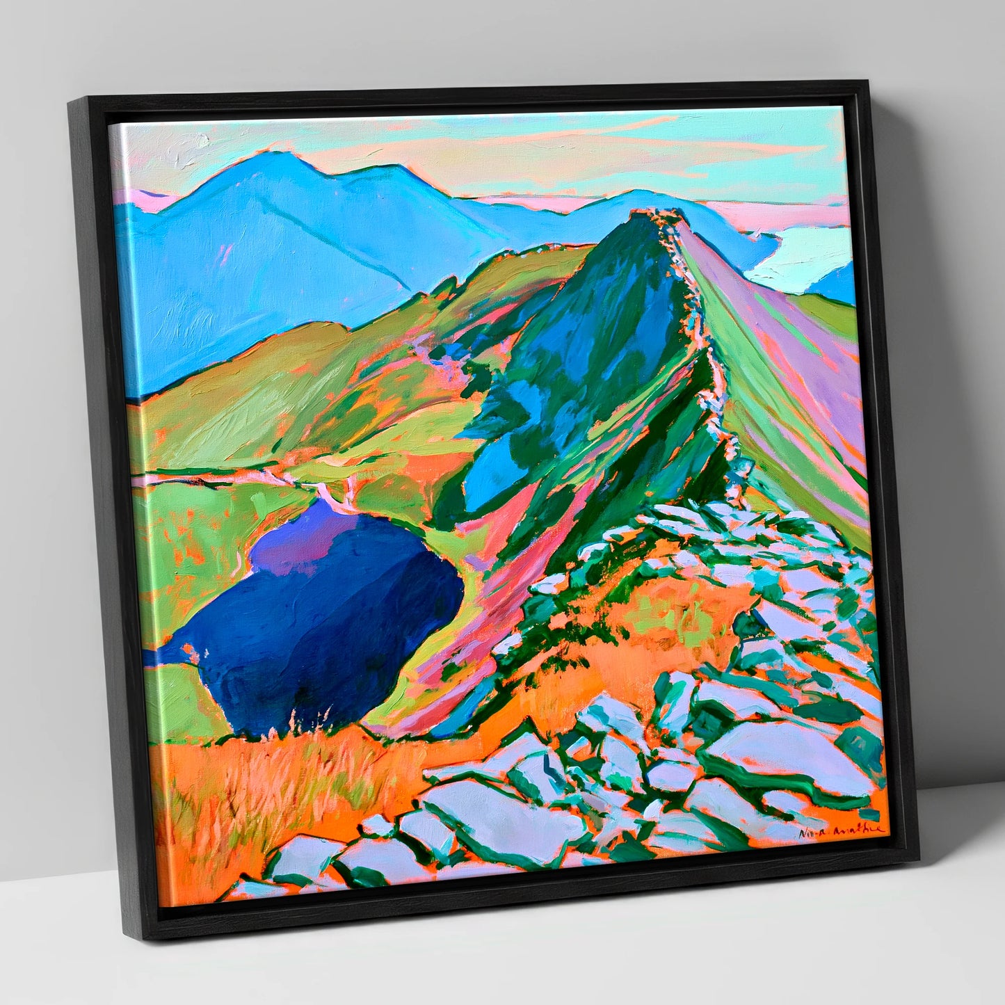 Vibrant Mountain Ridge Landscape horse landscape canvas wall art in black frame