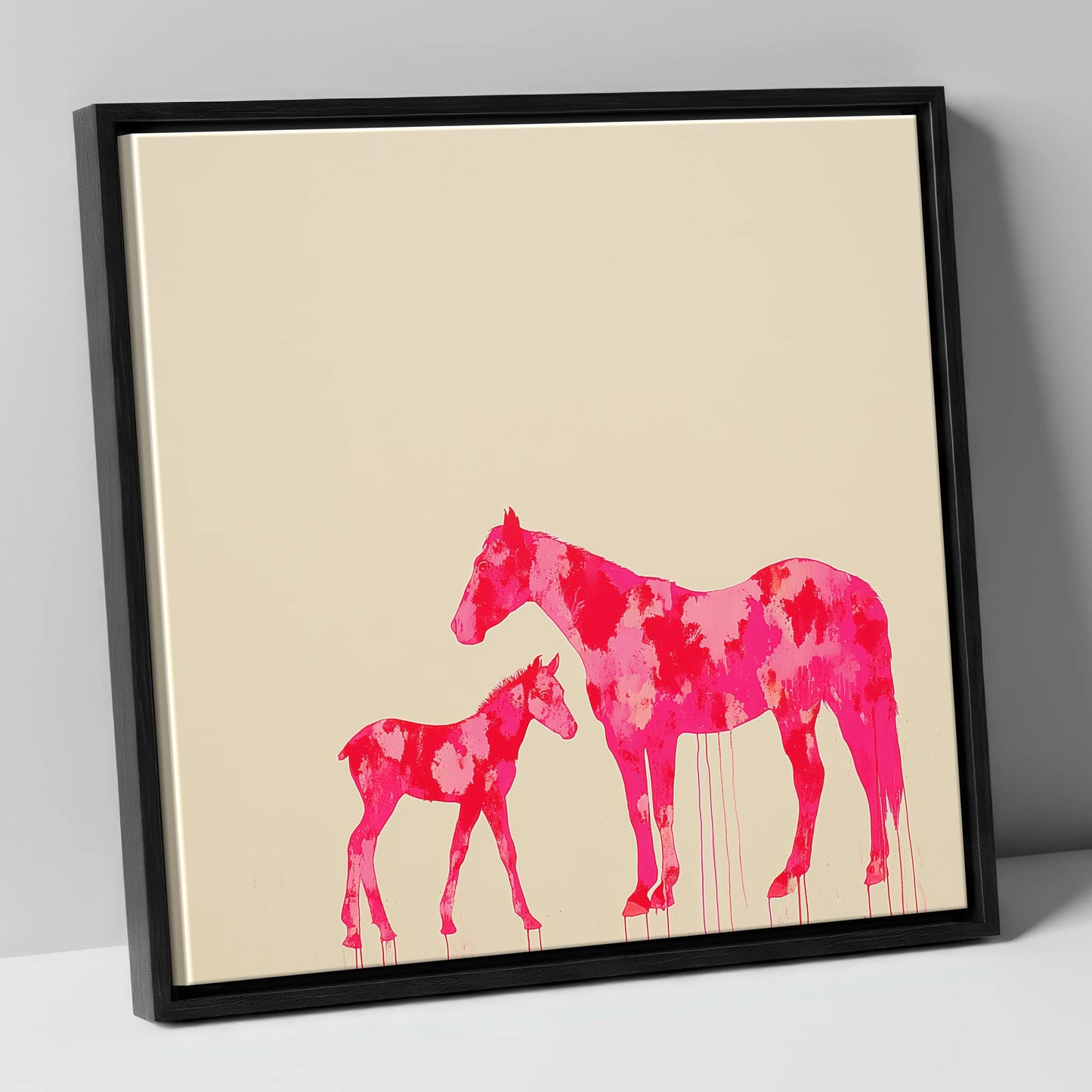 Magenta Mare and Foal mare & foal canvas wall art in black frame