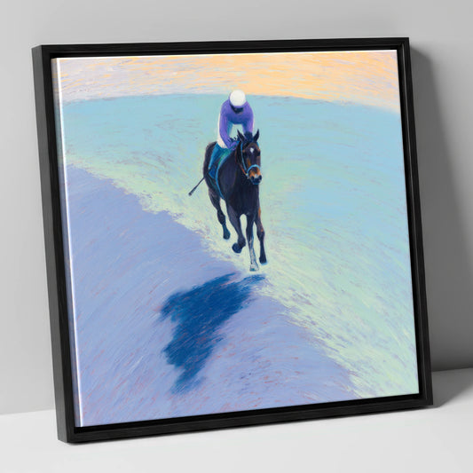 Morning On The Gallops racing horse canvas wall art in black frame