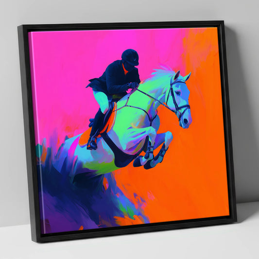 Electric Flight show jumping horse canvas wall art in black frame