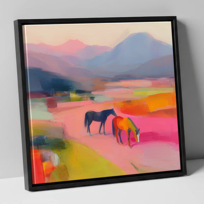 Vivid Horizons horse landscape canvas wall art in black frame