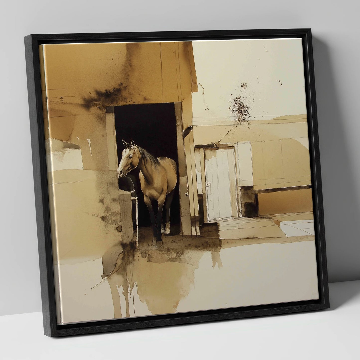Sepia Stable Threshold horse stable canvas wall art in black frame