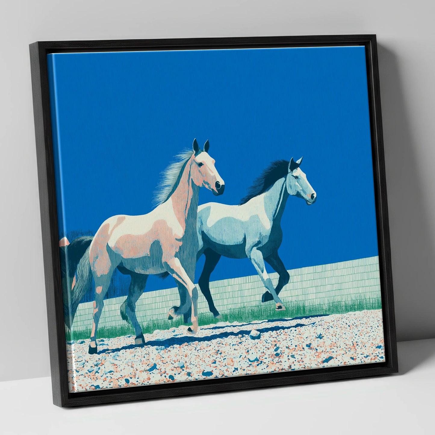 Azure Horizon Strides wild horses canvas wall art in black frame