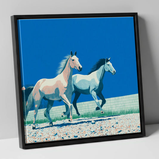 Azure Horizon Strides wild horses canvas wall art in black frame