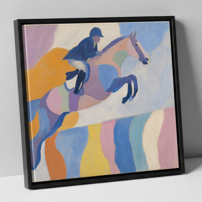 Pastel Abstract Leap show jumping horse canvas wall art in black frame
