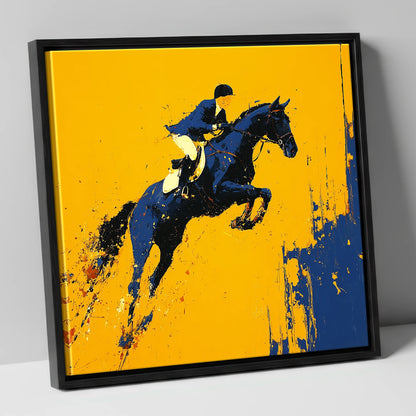 Airborne Over Gold show jumping horse canvas wall art in black frame