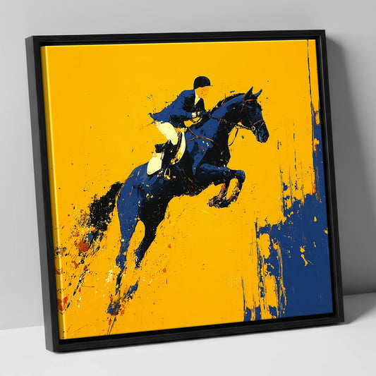 Airborne Over Gold show jumping horse canvas wall art in black frame