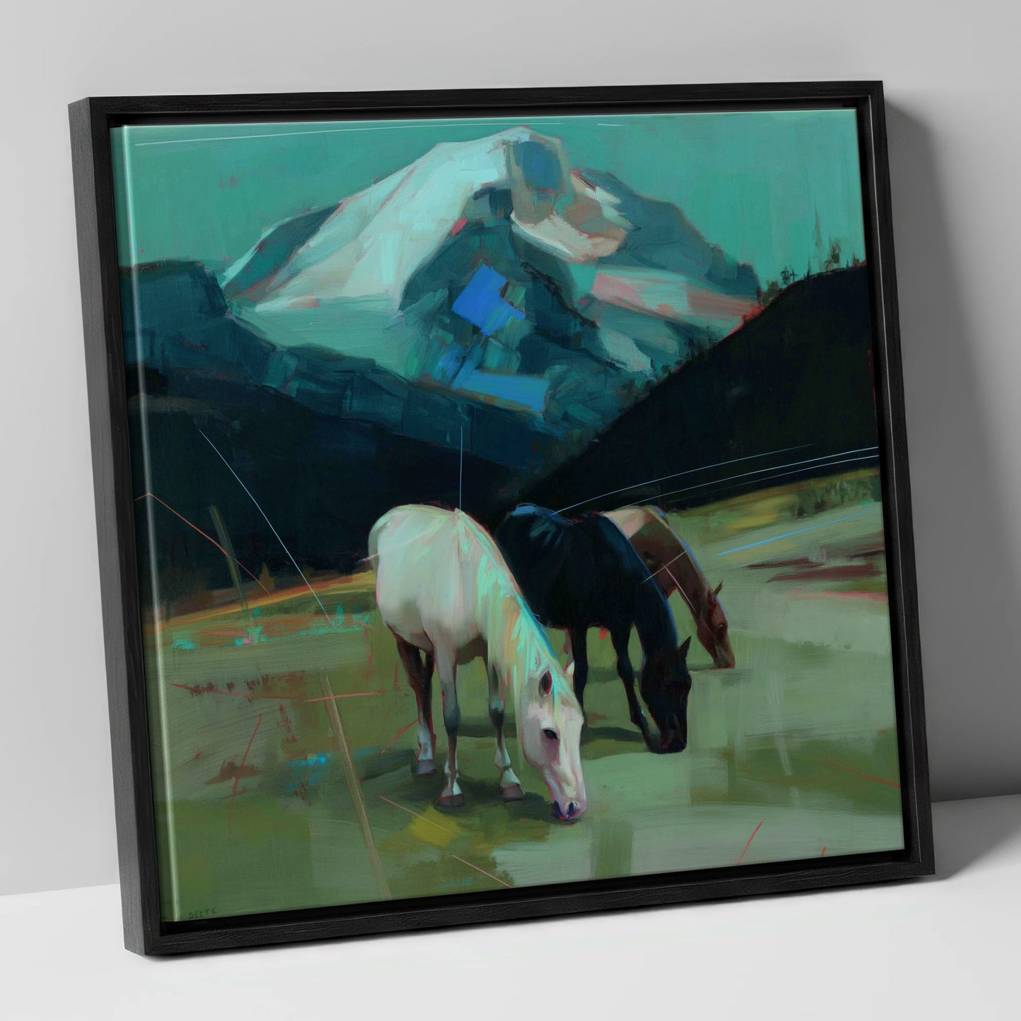 Teal Mountain Pasture horse landscape canvas wall art in black frame