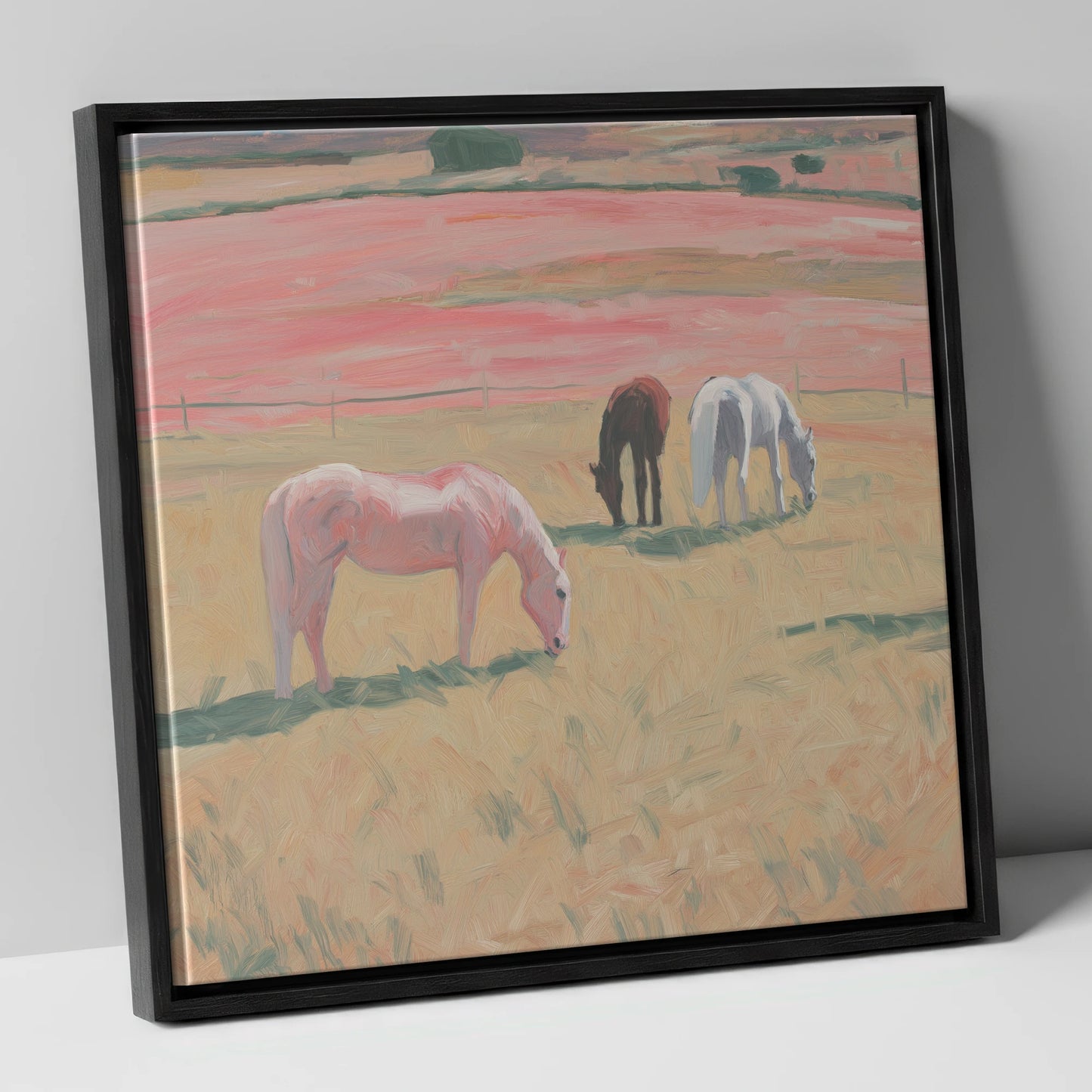 Dusky Meadow Grazing horse landscape canvas wall art in black frame