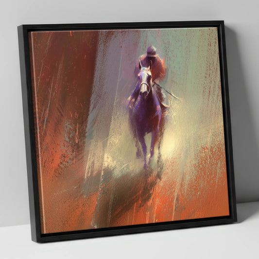 Out of the Haze racing horse canvas wall art in black frame