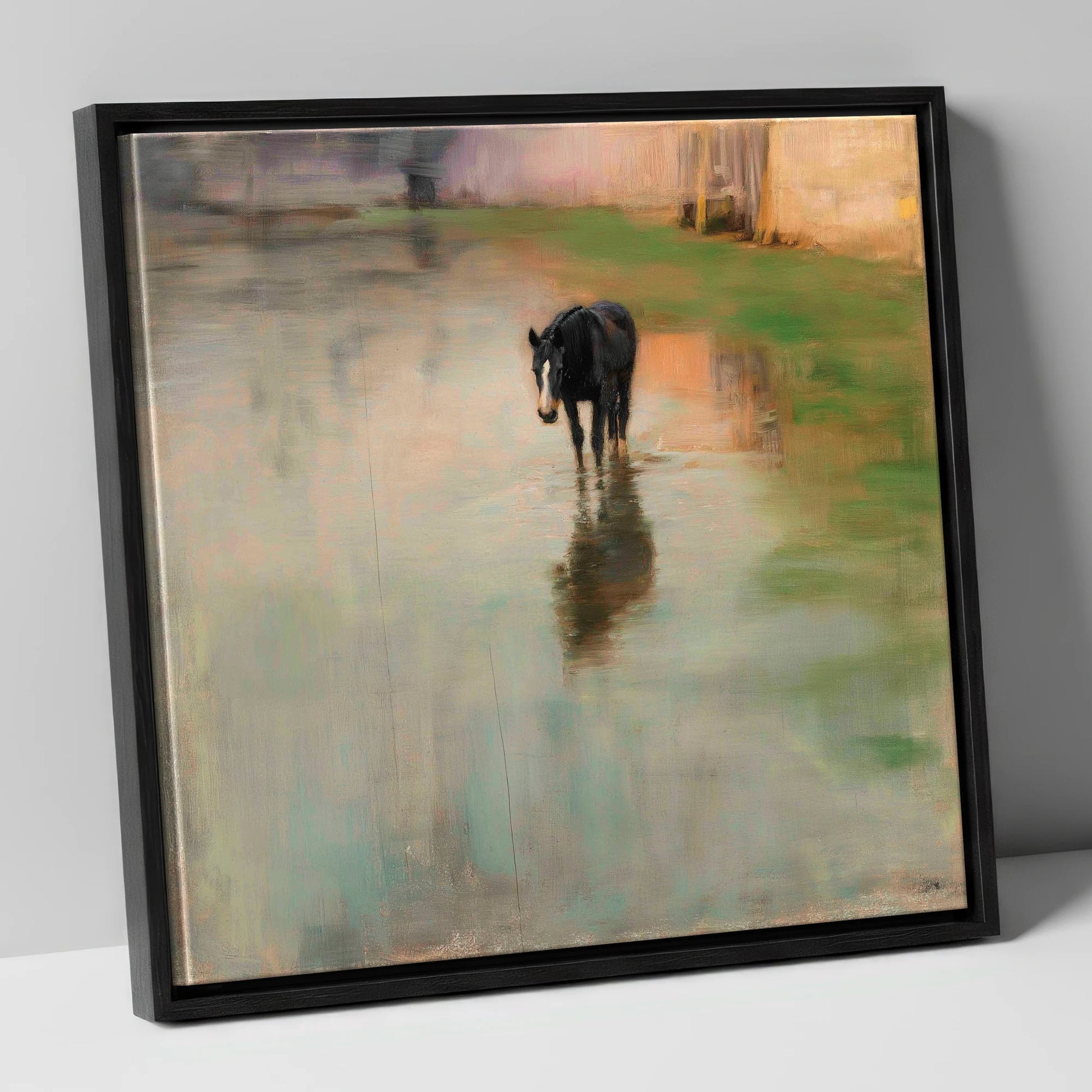 Quiet Reflection horse landscape canvas wall art in black frame