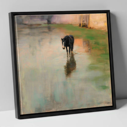 Quiet Reflection horse landscape canvas wall art in black frame