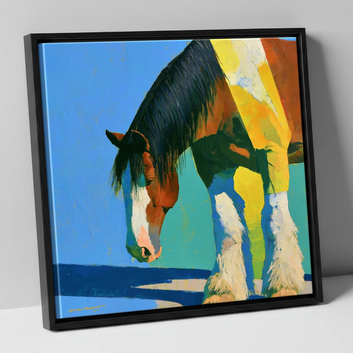 Clydesdale Horse Against Blue Sky horse breed canvas wall art in black frame