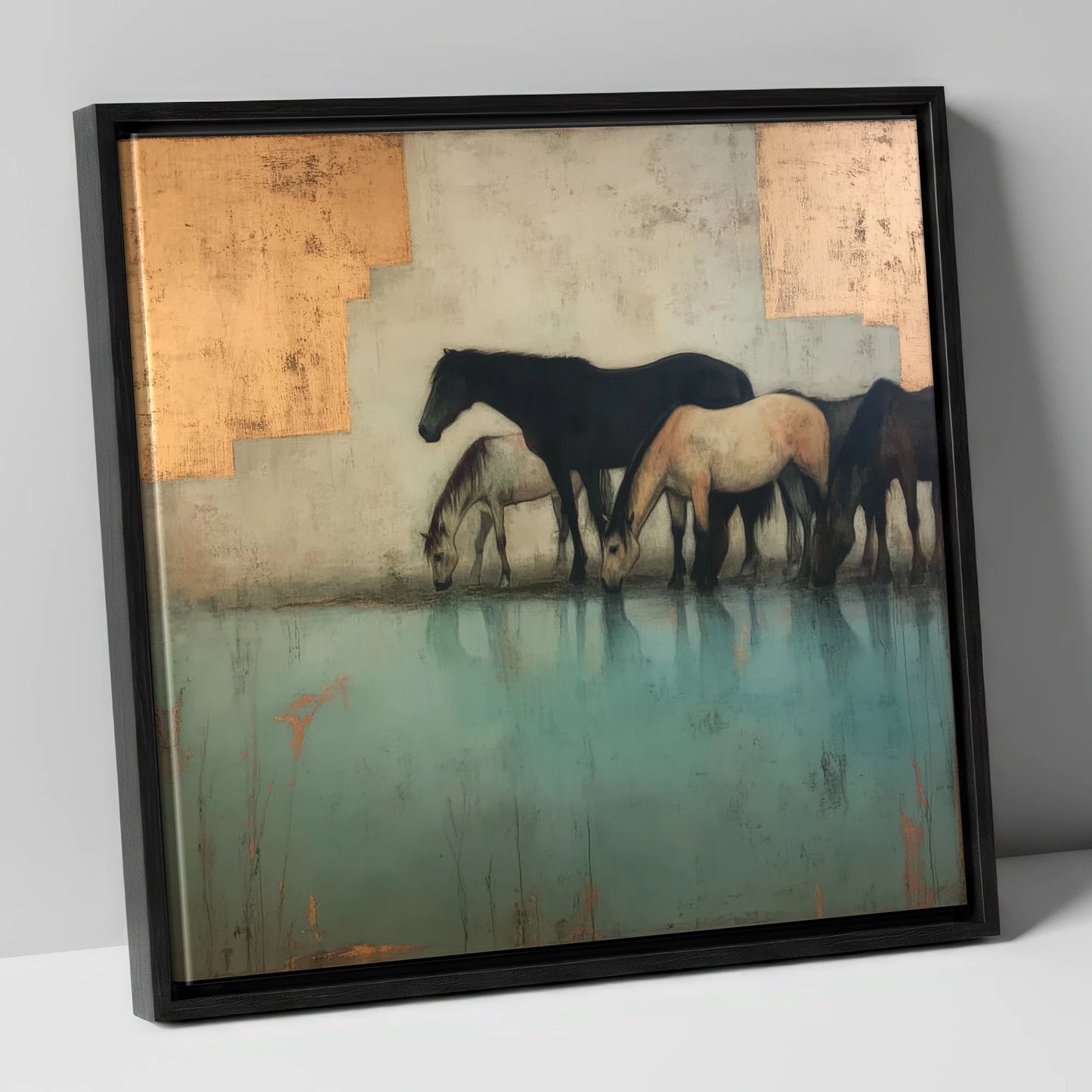 Gilded Herd Reflections wild horses canvas wall art in black frame
