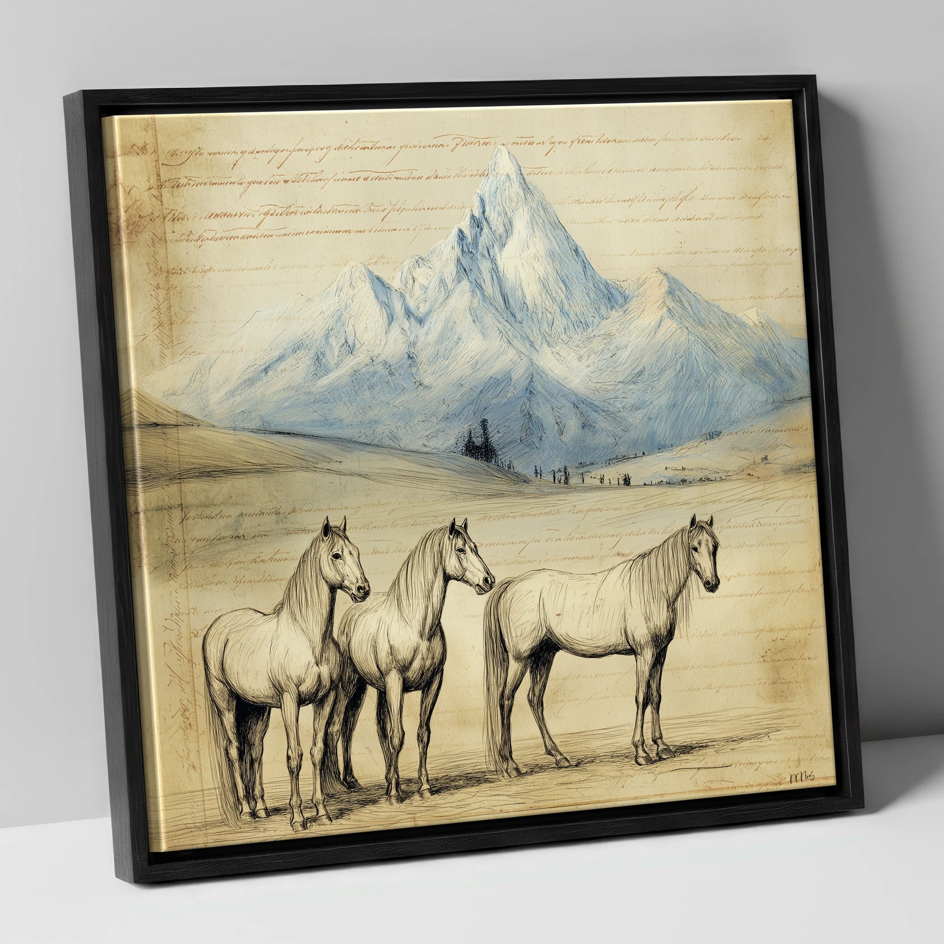 Alpine Journal Sketch horse landscape canvas wall art in black frame