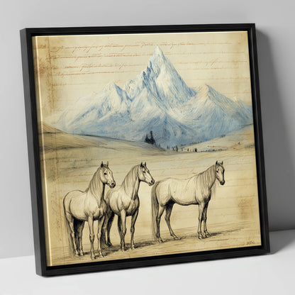 Alpine Journal Sketch horse landscape canvas wall art in black frame