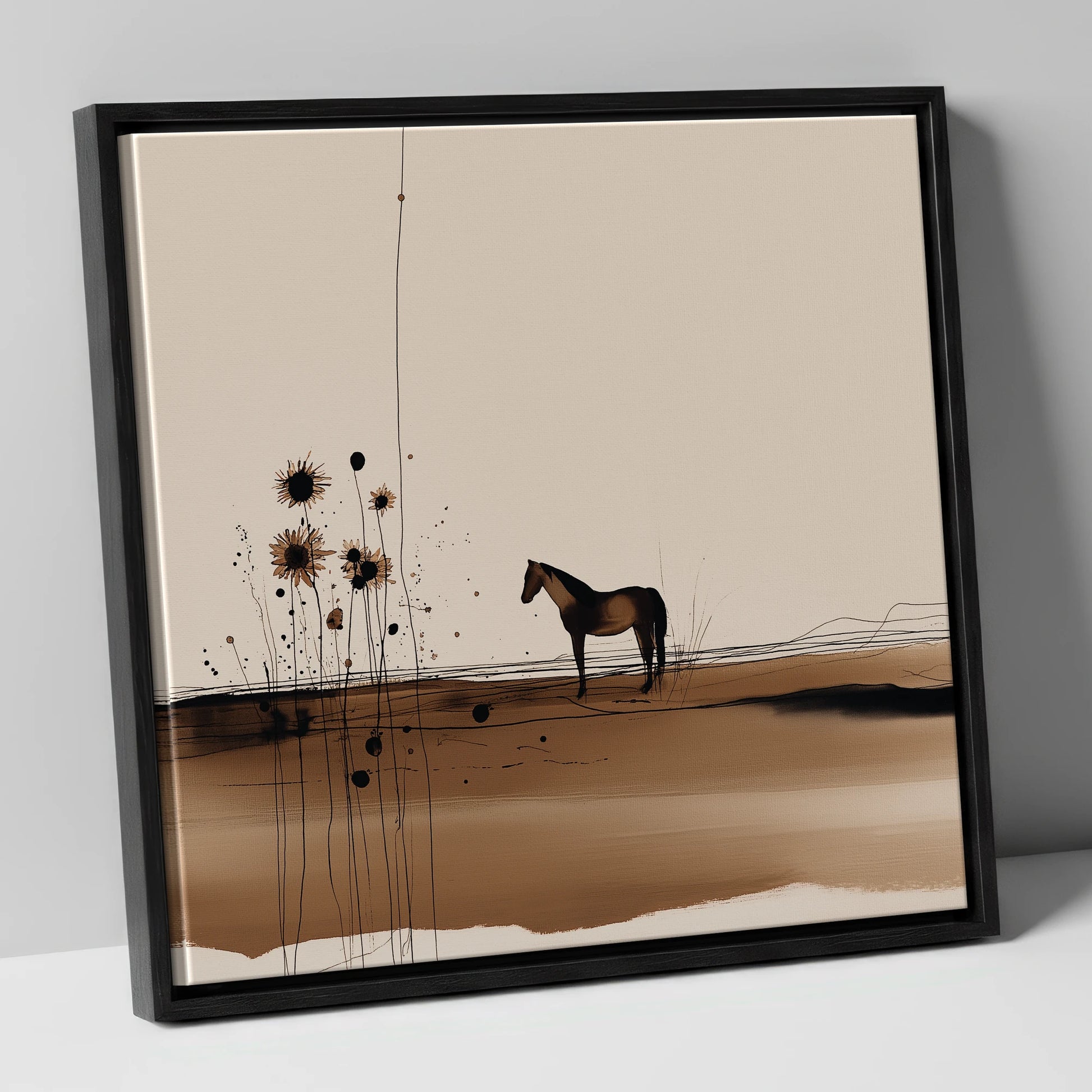 Stillness in Sepia horse landscape canvas wall art in black frame