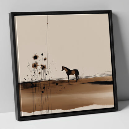 Stillness in Sepia horse landscape canvas wall art in black frame