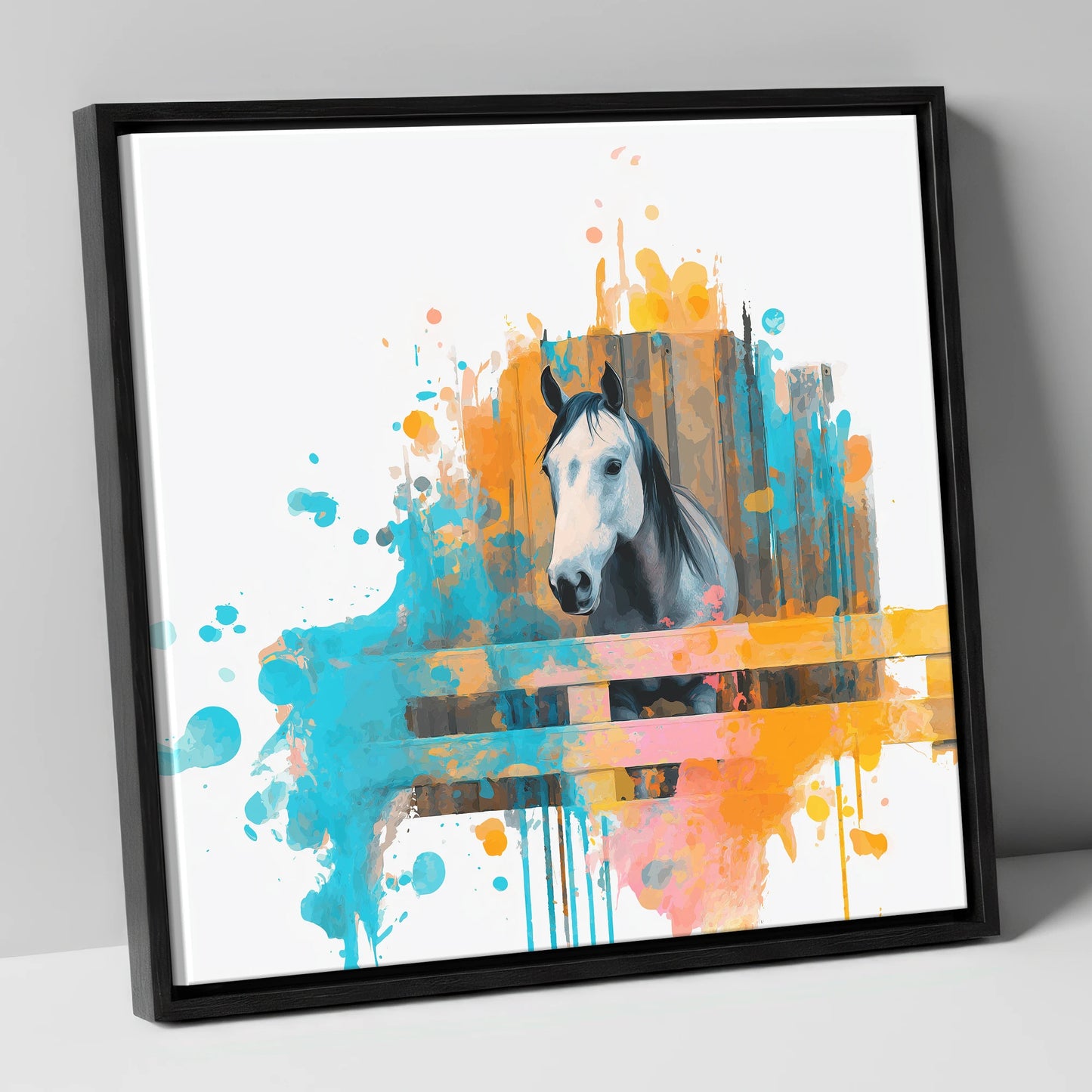 The Inquisitive Grey horse stable canvas wall art in black frame