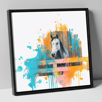 The Inquisitive Grey horse stable canvas wall art in black frame