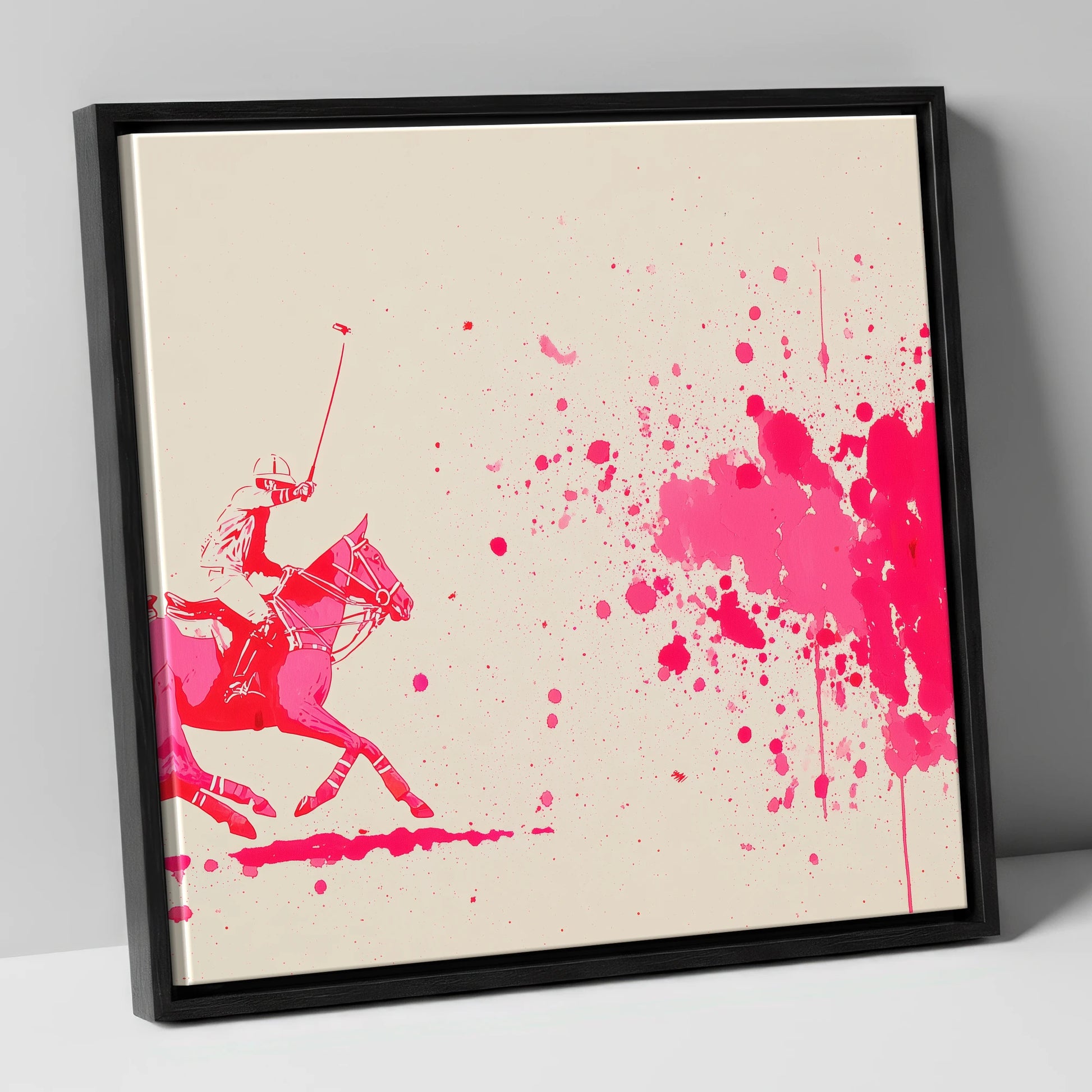 Magenta Polo Strike polo horse canvas wall art in black frame