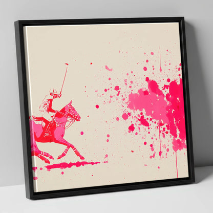 Magenta Polo Strike polo horse canvas wall art in black frame