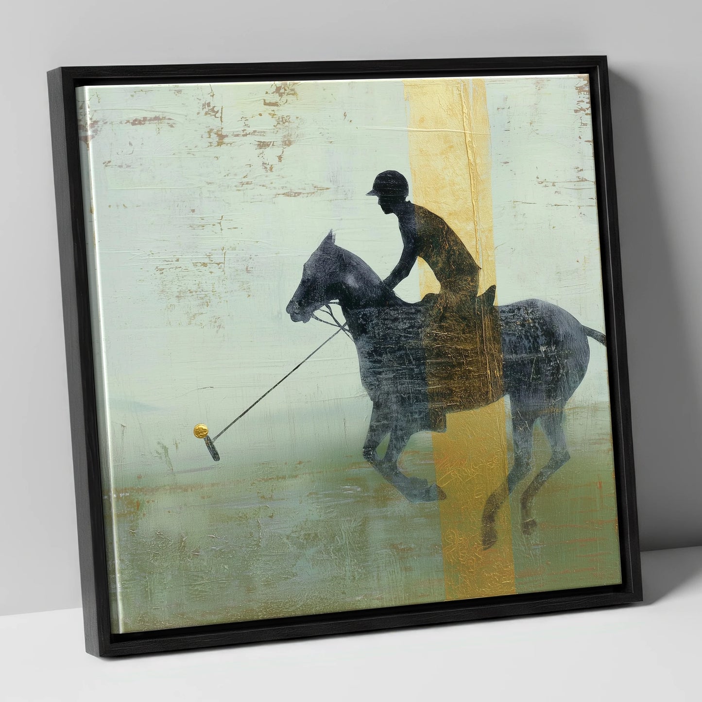 Gilded Chukka polo horse canvas wall art in black frame
