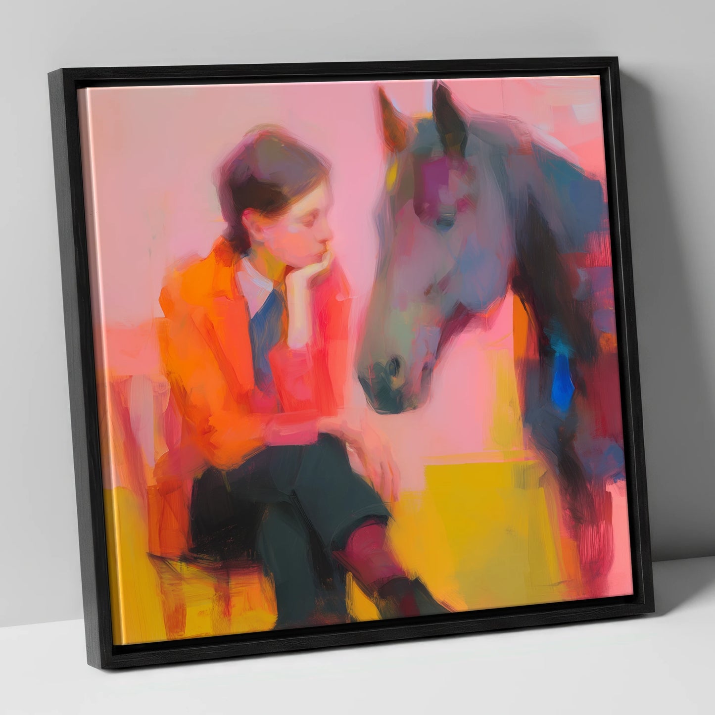 Vivid Connection horse & rider canvas wall art in black frame