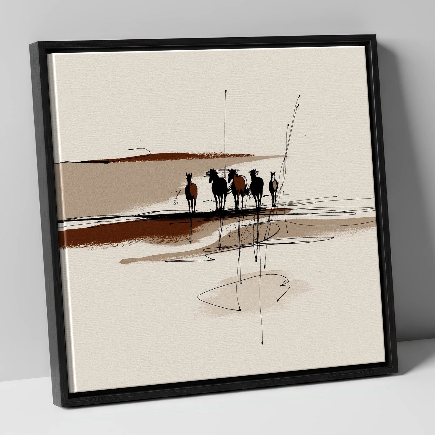 Abstract Herd Shadows wild horses canvas wall art in black frame