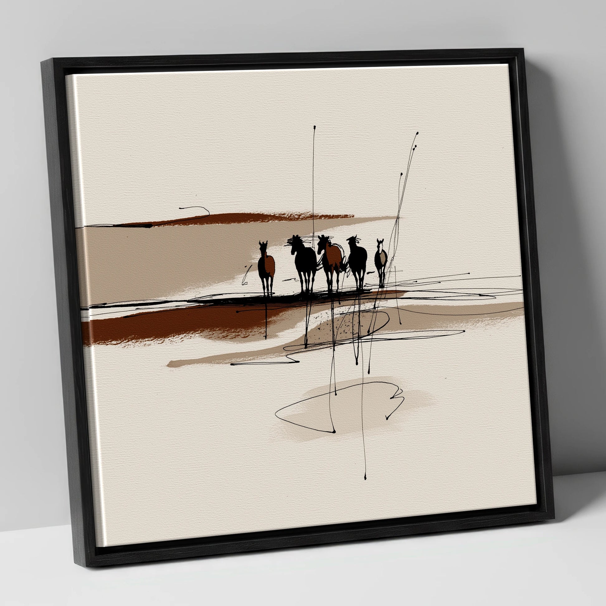 Abstract Herd Shadows wild horses canvas wall art in black frame