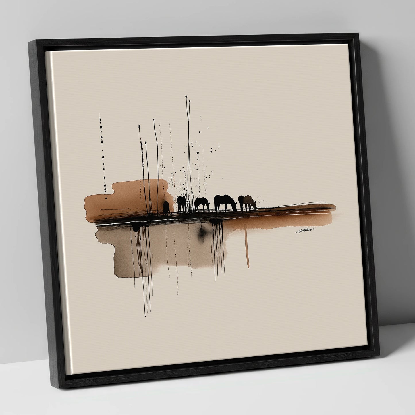 Sepia Horizon Herd horse landscape canvas wall art in black frame