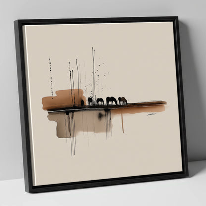 Sepia Horizon Herd horse landscape canvas wall art in black frame