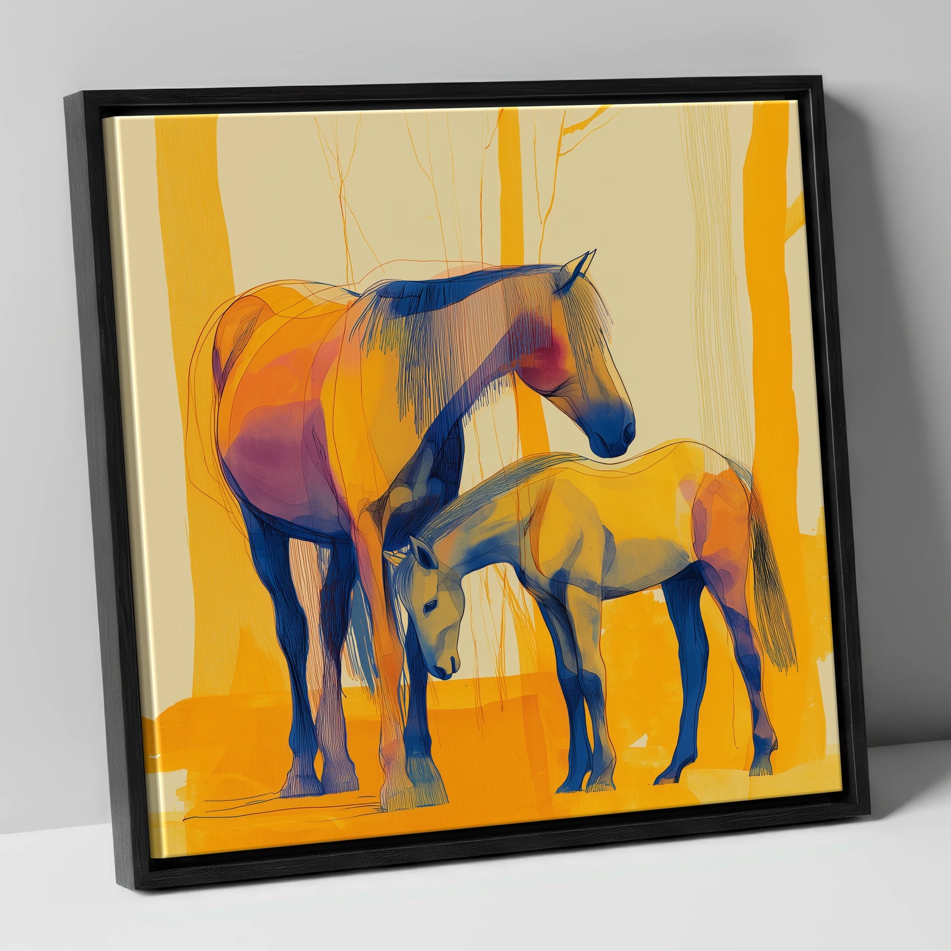 Saffron Mare and Foal horse landscape canvas wall art in black frame