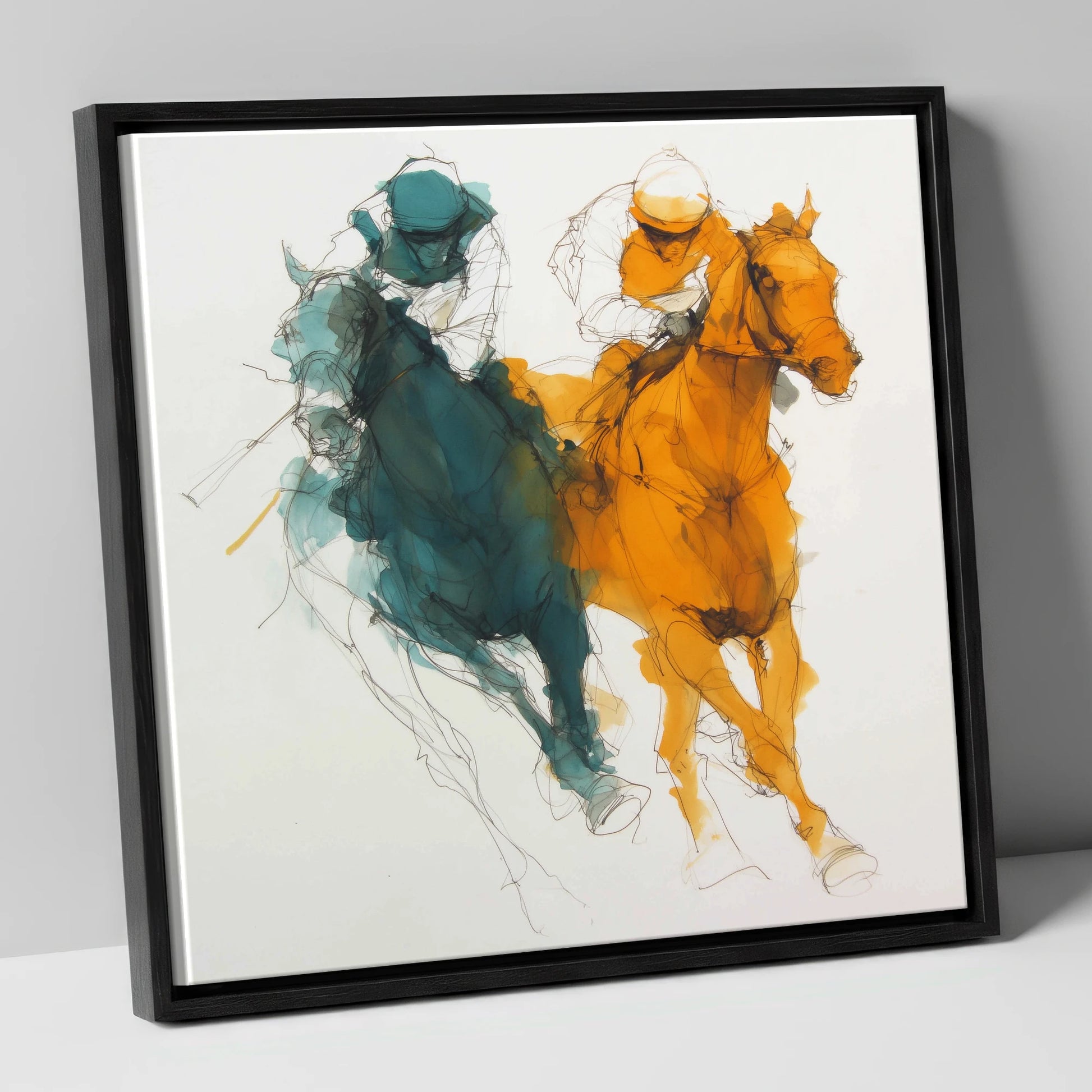 Dynamic Duel racing horse canvas wall art in black frame