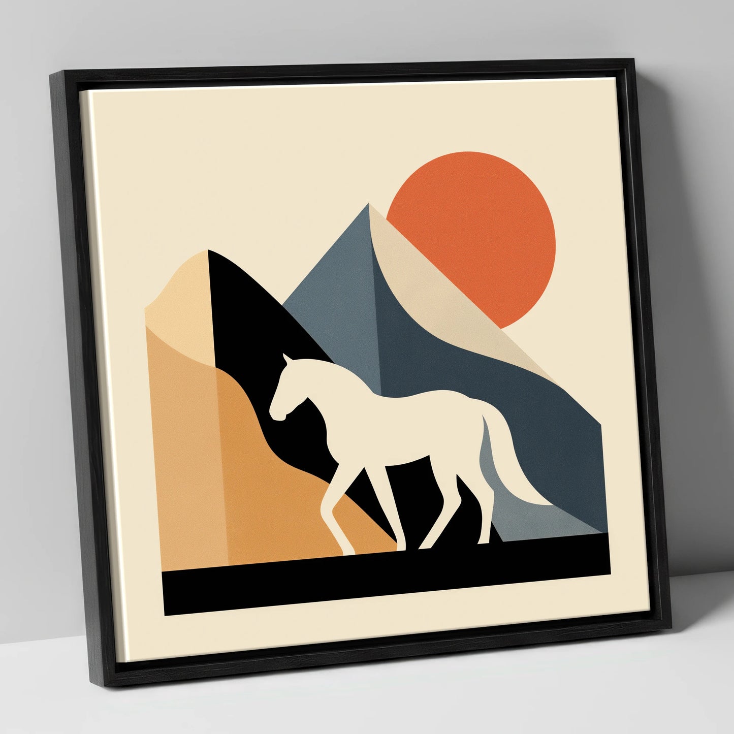 Abstract Equine Sunrise horse landscape canvas wall art in black frame