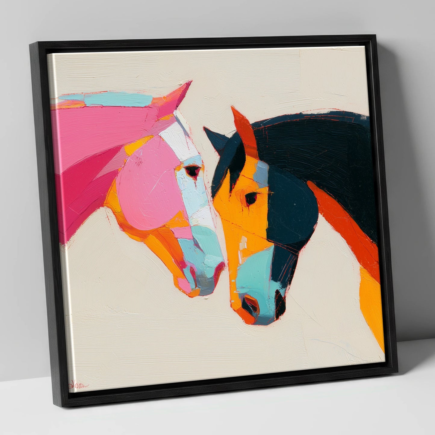 Vibrant Equine Bond horse portrait canvas wall art in black frame