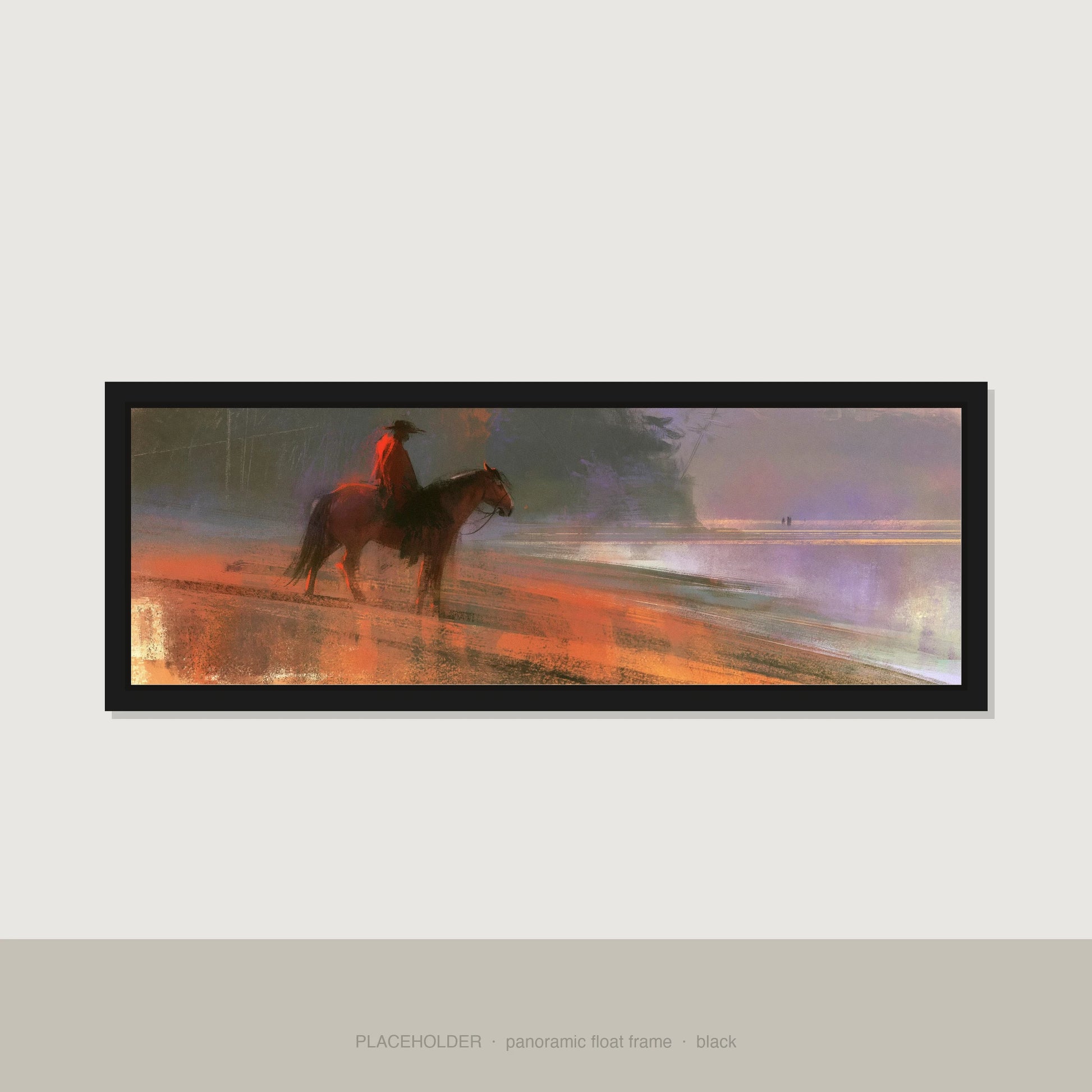 Shoreline Solitude Horse Landscape panoramic canvas wall art in black float frame
