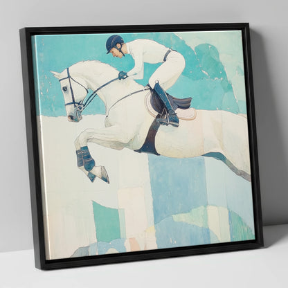 Teal Ascent show jumping horse canvas wall art in black frame