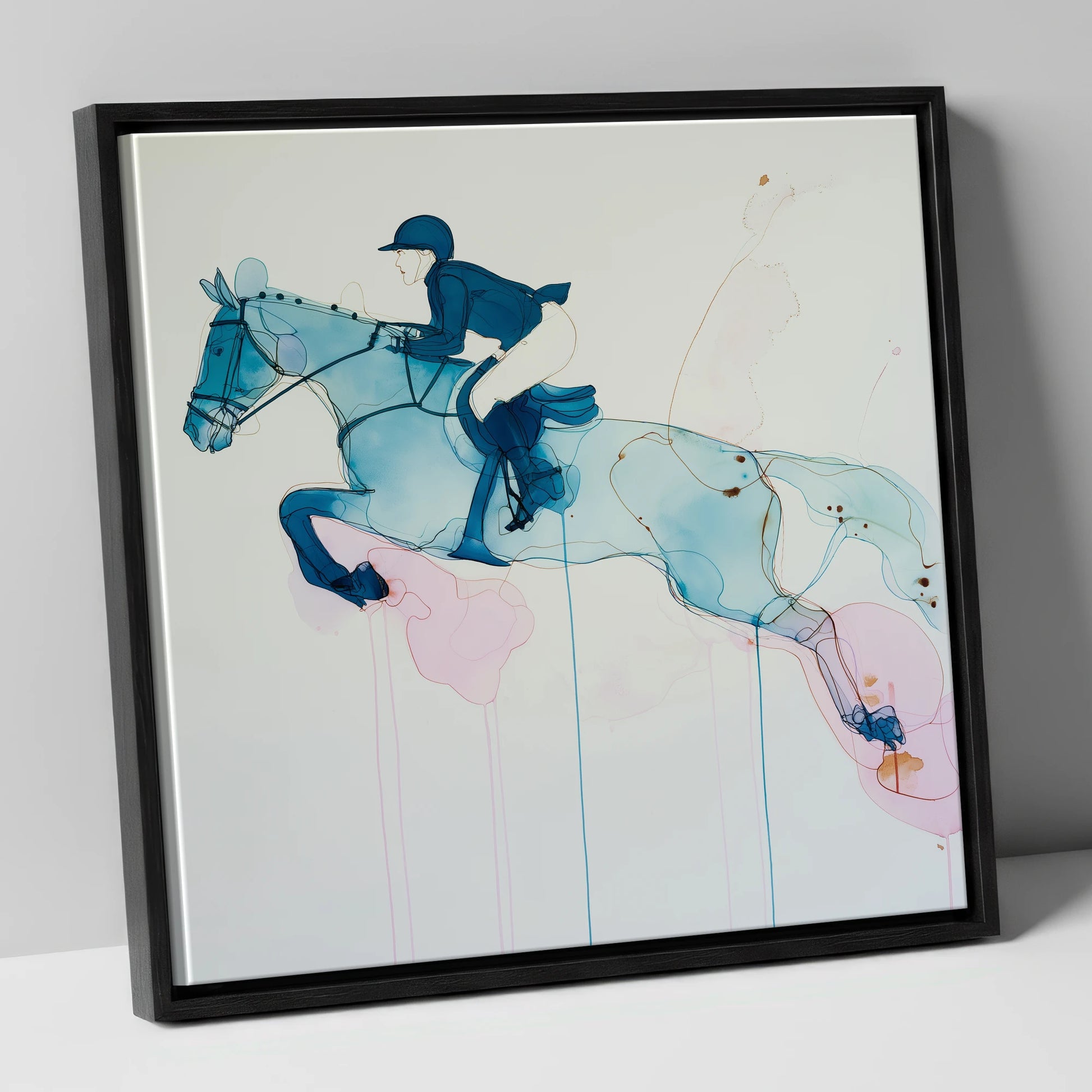 Azure Flight show jumping horse canvas wall art in black frame