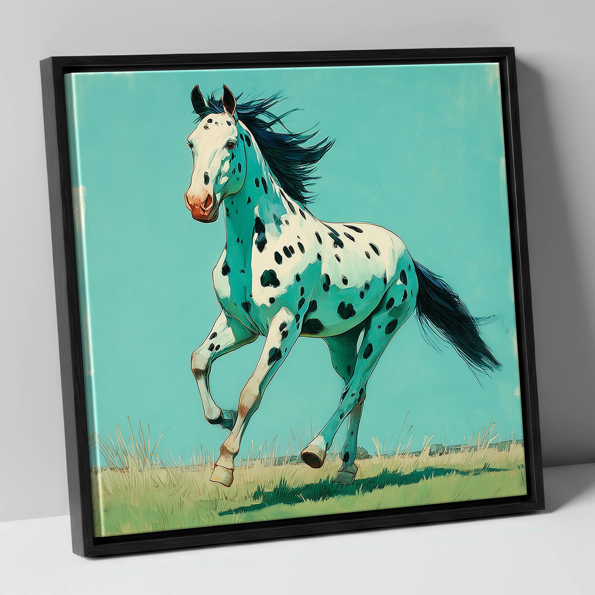 Teal Leopard Appaloosa horse breed canvas wall art in black frame