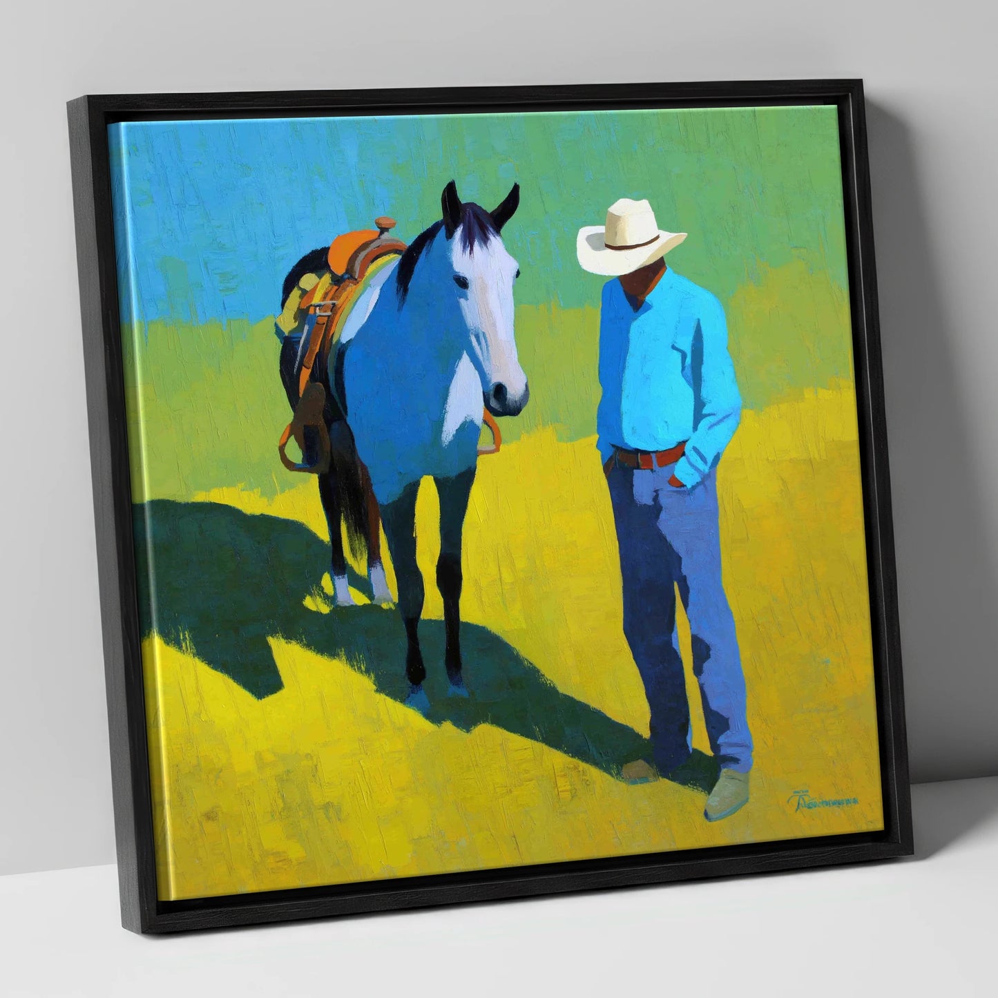 Sunlit Western Shadows western horse canvas wall art in black frame